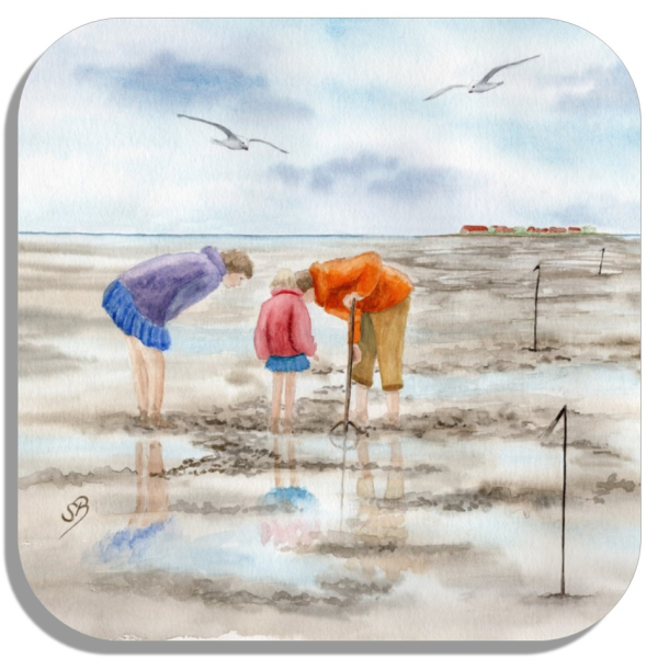 Untersetzer Glasuntersetzer 9,5 x 9,5 cm  Aquarell Kunst Druck Kunstdruck Strandkorb Sonnenuntergang Dänemark Nordsee Dagebüll Wattkinder