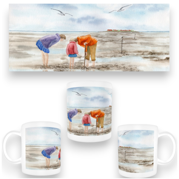 Tasse Becher Kaffeebecher  Aquarell Kunst Druck Kunstdruck Strandkorb Sonnenuntergang Dänemark Nordsee Dagebüll Wattkinder