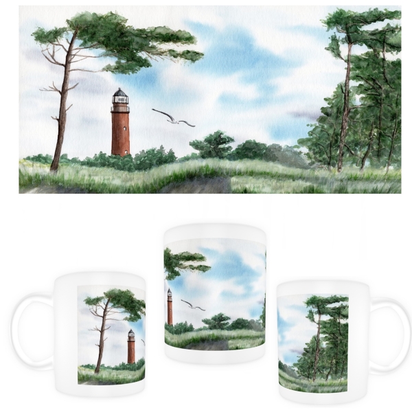 Cup Coffee Cup Mug  Watercolor Maritime Art Print Baltic Sea lighthouse Darßer Ort Darß Zingst Beach Ocean Dunes