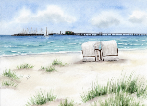 Postkarte DIN-A6 Aquarell Maritim Kunst Druck Kunstdruck Ostsee - Prerow - Seebrücke  Strandkorb
