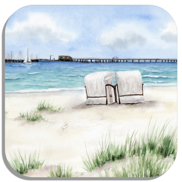 Untersetzer Glasuntersetzer 9,5 x 9,5 cm Aquarell Maritim Kunst Druck Kunstdruck Ostsee - Prerow - Seebrücke  Strandkorb