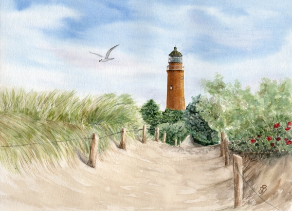 Folienmagnet Aquarell Maritim Kunst Druck Kunstdruck Ostsee Leuchtturm Darßer Ort Darß Zingst Strand Meer