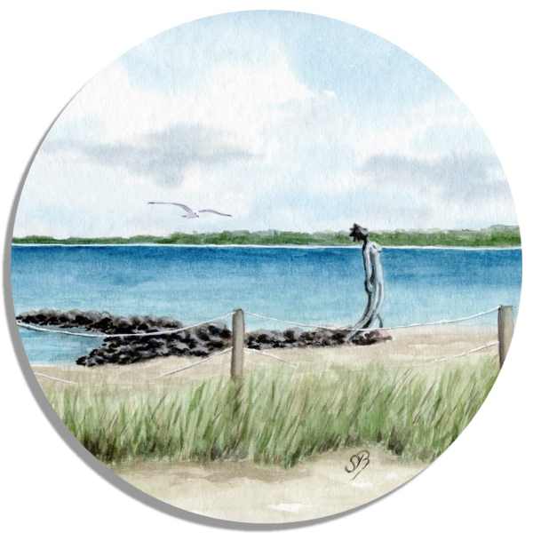 Untersetzer Glasuntersetzer rund 9,5 cm   Aquarell Maritim Kunst Druck Kunstdruck Ostsee - Eckernförde Strand Meerjungfrau