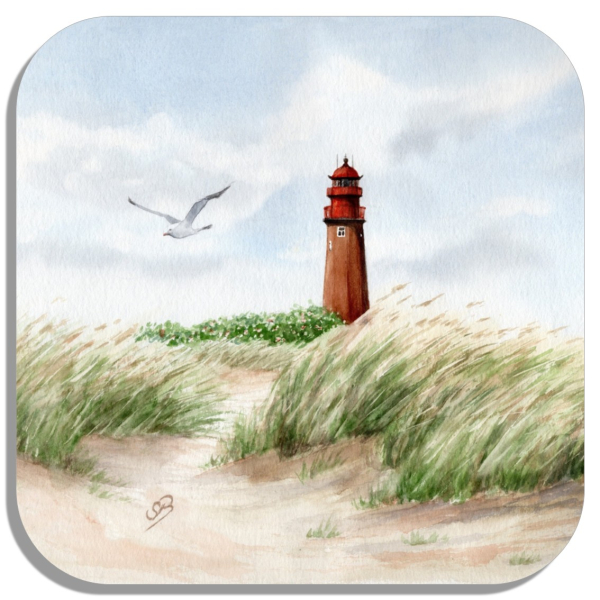 Untersetzer Glasuntersetzer 9,5 x 9,5 cm  Aquarell Maritim Kunst Druck Kunstdruck Ostsee Heiligenhafen Insel Fehmarn - Leuchtturm Flügger - FEH1