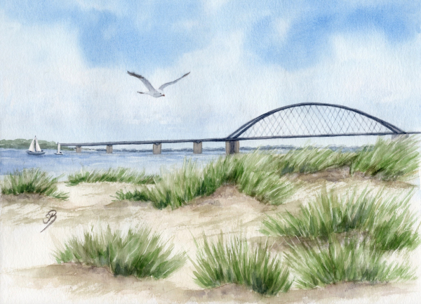 Folienmagnet Aquarell Maritim Kunst Druck Kunstdruck Ostsee Heiligenhafen Insel Fehmarn Strand Meer Dünen Fehmarn - Fahmarnsundbrücke  - FEH2