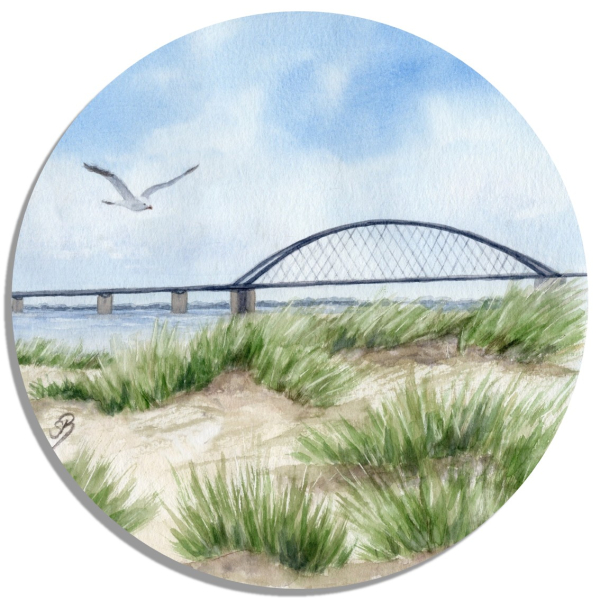 Untersetzer Glasuntersetzer rund 9,5 cm Aquarell Maritim Kunst Druck Kunstdruck Nordsee Insel Borkum Neuer Leuchtturm Strand Meer Dünen  Aquarell Maritim Kunst Druck Kunstdruck Ostsee Heiligenhafen Insel Fehmarn - Fahmarnsundbrücke  - FEH2