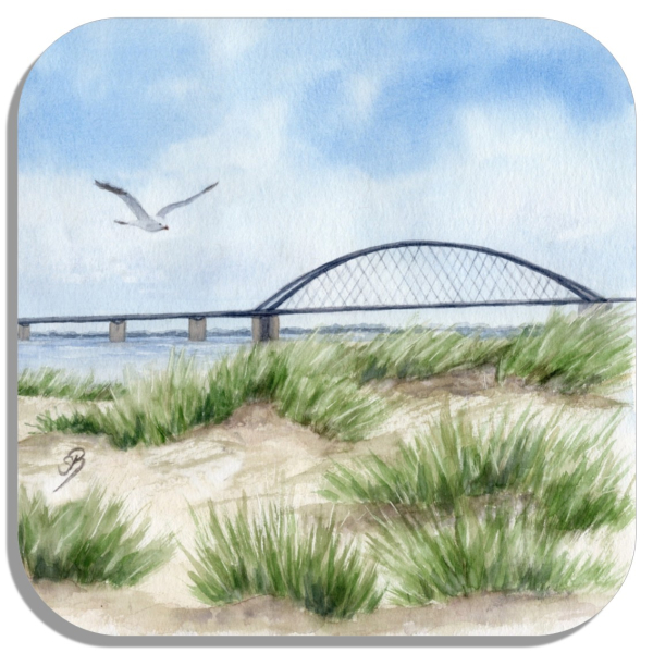 Untersetzer Glasuntersetzer 9,5 x 9,5 cm  Aquarell Maritim Kunst Druck Kunstdruck Ostsee Heiligenhafen Insel Fehmarn - Fahmarnsundbrücke  - FEH2