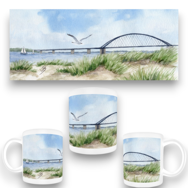 Tasse Becher Kaffeebecher  Aquarell Maritim Kunst Druck Kunstdruck Ostsee Heiligenhafen Insel Fehmarn - Fahmarnsundbrücke  - FEH2