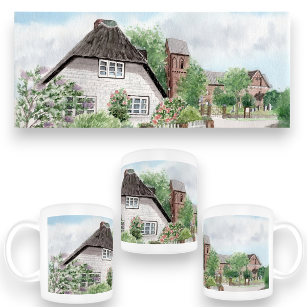 Tasse Becher Kaffeebecher Aquarell Maritim Kunst Druck Kunstdruck Nordsee Insel Föhr Kirche Nieblum - Föhr3