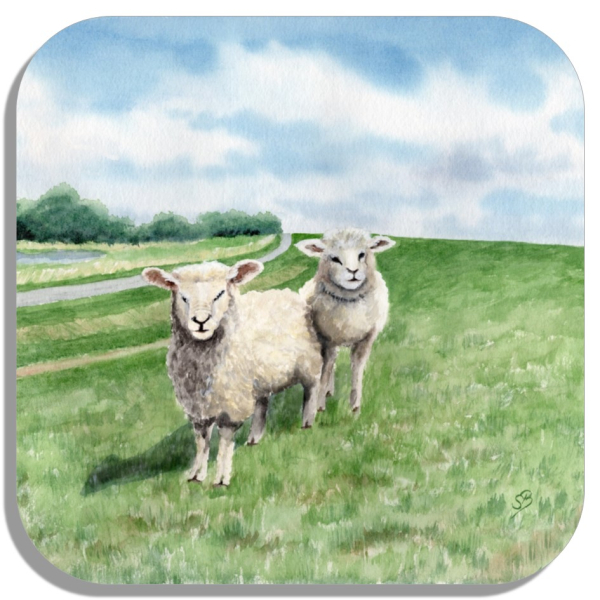 Coasters glass coasters 9,5 x  9,5 cm Watercolor Maritime Art Print North Sea Baltic Sea Sheep Sheeps