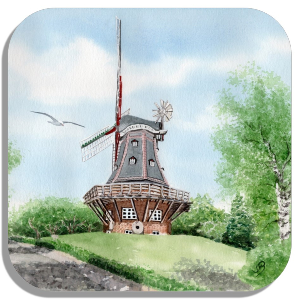 Untersetzer Glasuntersetzer 9,5 x 9,5 cm Aquarell Maritim Kunst Druck Kunstdruck Nordsee Föhr Mühle