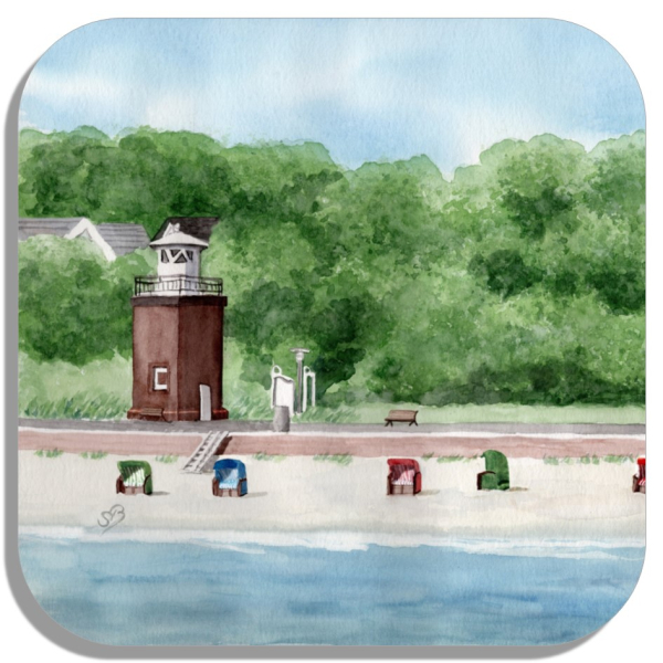 Untersetzer Glasuntersetzer 9,5 x 9,5 cm Aquarell Maritim Kunst Druck Kunstdruck Nordsee Föhr Leuchtturm Strandkorb Strand Meer