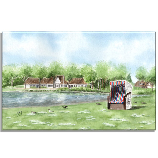 Leinwand 40 x 30 cm Keilrahmen Canvas-Leinen Aquarell Maritim Kunst Druck Kunstdruck Nordsee Insel Föhr Kirche Nieblum - Föhr3
