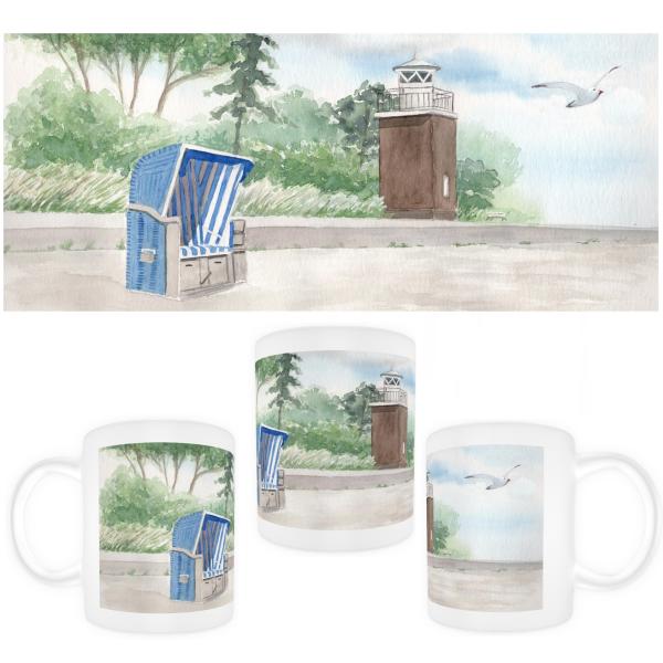 Tasse Becher Kaffeebecher Aquarell Maritim Kunst Druck Kunstdruck Nordsee Büsum Leuchtturm Strandkorb Strand Meer