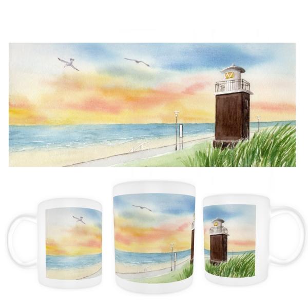 Tasse Becher Kaffeebecher Aquarell Maritim Kunst Druck Kunstdruck Nordsee Büsum Leuchtturm Strandkorb Strand Meer
