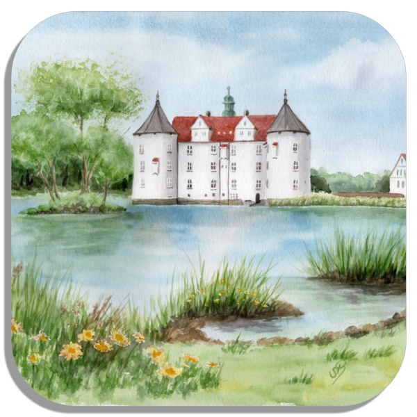 Coasters glass coasters 9,5 x  9,5 cm Watercolor Maritime Art Print Baltic Sea - Glücksburg Castle, Flensburg