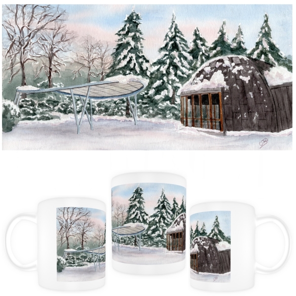 Tasse Becher Kaffeebecher  Aquarell Maritim Kunst Druck Kunstdruck Konzertpavillon in Graal-Müritz im Winter - GM12