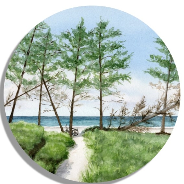 Untersetzer Glasuntersetzer rund 9,5 cm Strandweg Aquarell Maritim Kunst Druck Kunstdruck Dänemark Nordsee Ostsee Dünen Meer Strand Sylt