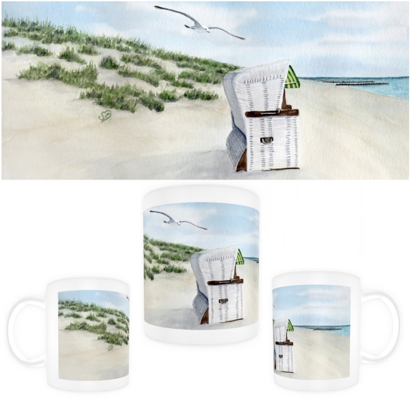 Tasse Becher Kaffeebecher Aquarell Maritim Kunst Druck Kunstdruck Dänemark Nordsee Ostsee Strandkorb Düne Dünen Sylt Meer Möwe Strand