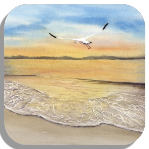 Untersetzer Glasuntersetzer 9,5 x 9,5 cm Sonnenuntergang Strand Aquarell Maritim Kunst Druck Kunstdruck Dänemark Nordsee Düne Dünen Meer Möwe Ostsee