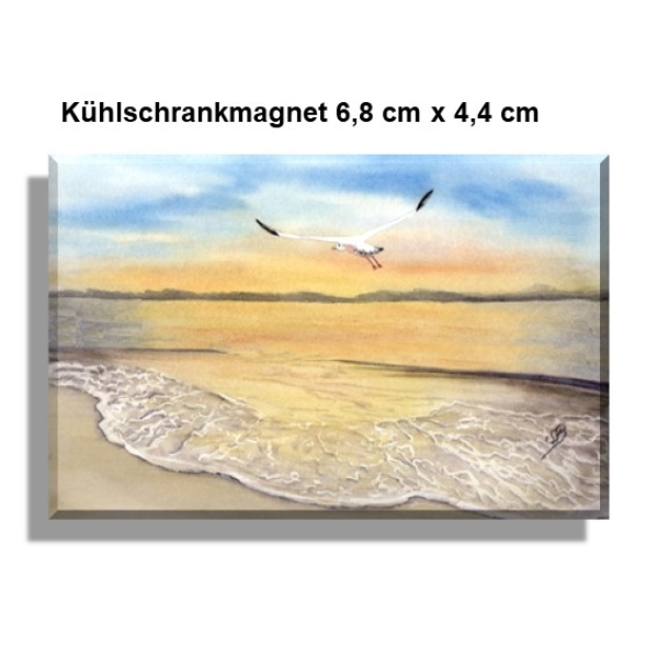 Kühlschrankmagnet Sonnenuntergang Strand Aquarell Maritim Kunst Druck Kunstdruck Dänemark Nordsee Düne Dünen Meer Möwe Ostsee