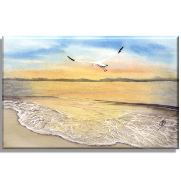 Leinwand 30 x 20 cm Keilrahmen Canvas-Leinen  Sonnenuntergang Strand Aquarell Maritim Kunst Druck Kunstdruck Dänemark Nordsee Düne Dünen Meer Möwe Ostsee