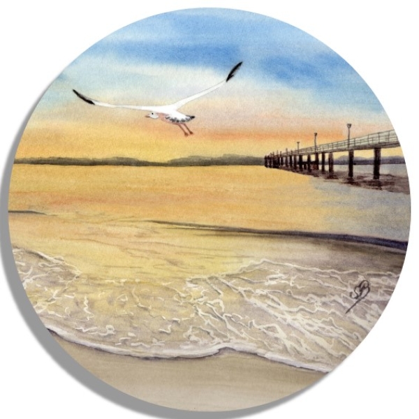 Untersetzer Glasuntersetzer rund 9,5 cm  Sonnenuntergang Strand Aquarell Maritim Kunst Druck Kunstdruck Dänemark Nordsee Düne Dünen Meer Möwe Ostsee