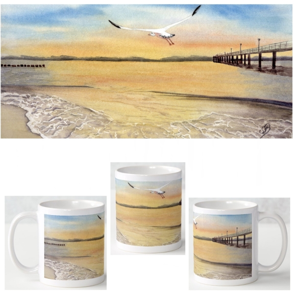 Tasse Becher Kaffeebecher Sonnenuntergang Strand Aquarell Maritim Kunst Druck Kunstdruck Dänemark Nordsee Düne Dünen Meer Möwe Ostsee