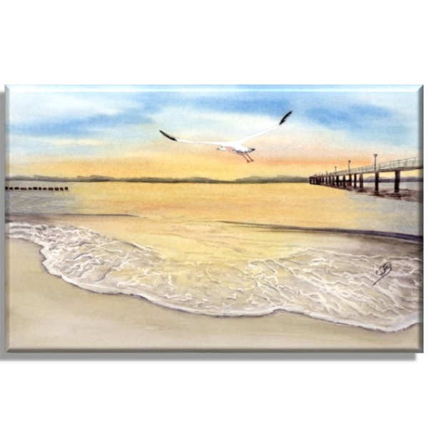 Leinwand 30 x 20 cm Keilrahmen Canvas-Leinen  Sonnenuntergang Strand Aquarell Maritim Kunst Druck Kunstdruck Dänemark Nordsee Düne Dünen Meer Möwe Ostsee