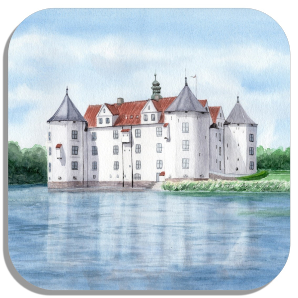 Untersetzer Glasuntersetzer 9,5 x 9,5 cm  Aquarell Maritim Kunst Druck Kunstdruck Ostsee - SchLoss Glücksburg Flensburg
