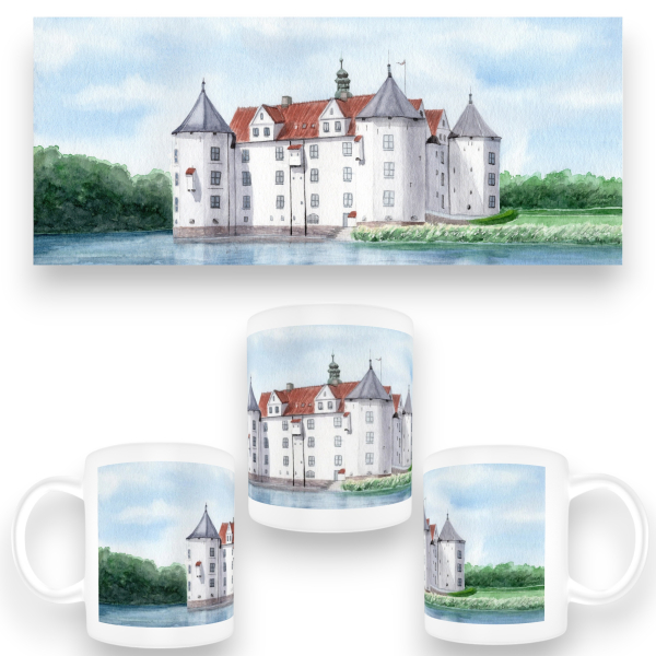 Tasse Becher Kaffeebecher Aquarell Maritim Kunst Druck Kunstdruck Ostsee - SchLoss Glücksburg Flensburg