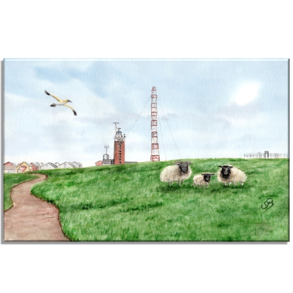 Leinwand 30 x 20 cm Keilrahmen Canvas-Leinen Aquarell Maritim Kunst Druck Kunstdruck Nordsee Insel Helgoland Leuchtturm Strand Düne