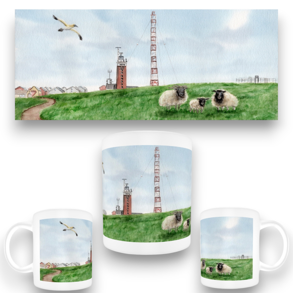 Tasse Becher Kaffeebecher Aquarell Maritim Kunst Druck Kunstdruck Nordsee Insel Helgoland Robbe Seehund Leuchtturm Strand Düne