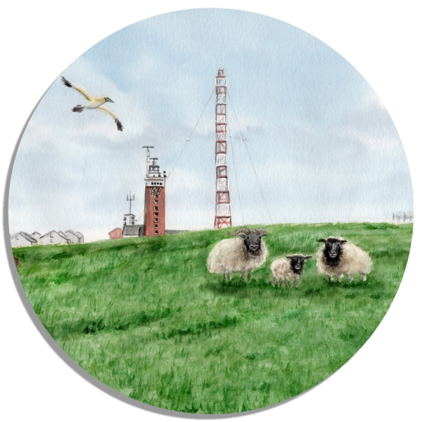 Untersetzer Glasuntersetzer rund 9,5 cm Aquarell Maritim Kunst Druck Kunstdruck Nordsee Insel Helgoland Leuchtturm Strand Düne