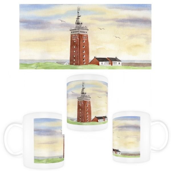 Tasse Becher Kaffeebecher Aquarell Maritim Kunst Druck Kunstdruck Nordsee Insel Helgoland Robbe Seehund Leuchtturm Strand Düne