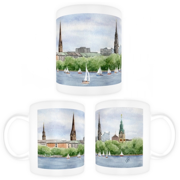 Tasse Becher Kaffeebecher Aquarell Maritim Kunst Druck Kunstdruck Nordsee Hamburg - Binnenalster - Kleiner Binnensee - HH1