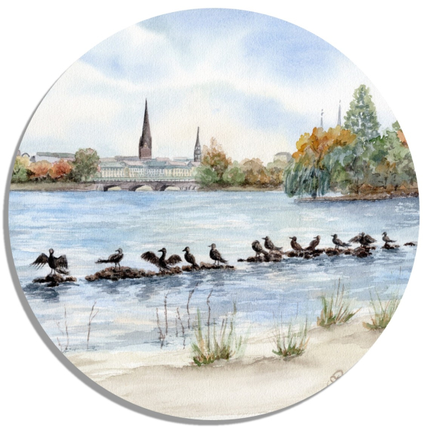 Untersetzer Glasuntersetzer rund 9,5 cm Aquarell Maritim Kunst Druck Kunstdruck Nordsee Hamburg - Binnenalster - Kleiner Binnensee - HH1