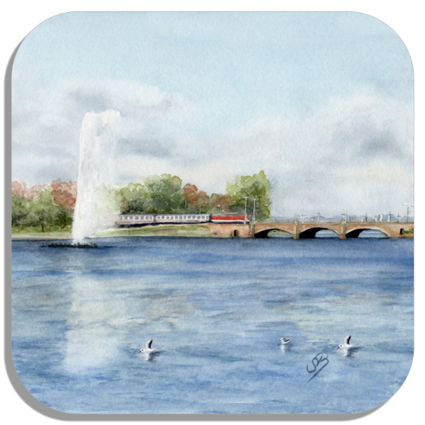 Coasters glass coasters 9,5 x  9,5 cm Watercolor Maritime Art Print North Sea Hamburg - Inner Alster - Small Inland Lake - HH1