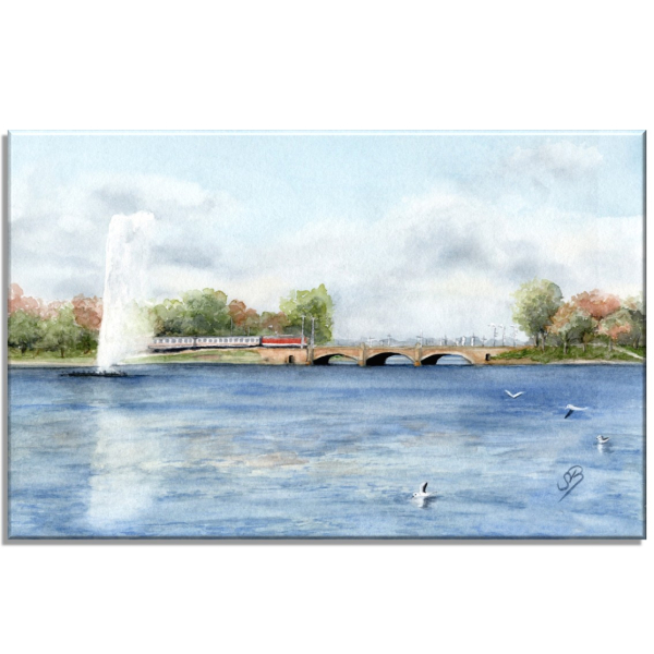 Stretcher frame canvas 30 x 20 cm linen Watercolor Maritime Art Print North Sea Hamburg - Inner Alster - Small Inland Lake - HH1