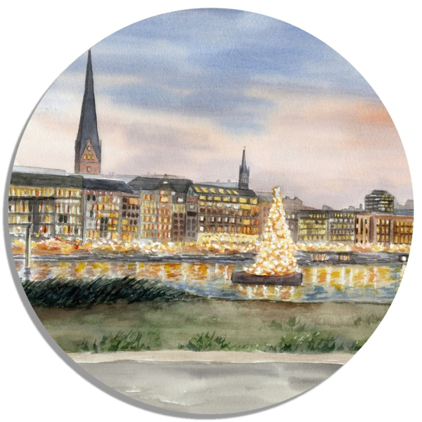 Coasters glass coasters 9,5 x  9,5 cm Watercolor Maritime Art Print Hamburg Main Church St. Michaelis Michel Christmas HH7