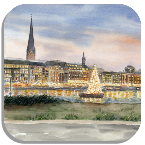 Coasters glass coasters 9,5 x  9,5 cm  Watercolor Maritime Art Print Hamburg Main Church St. Michaelis Michel Christmas HH7