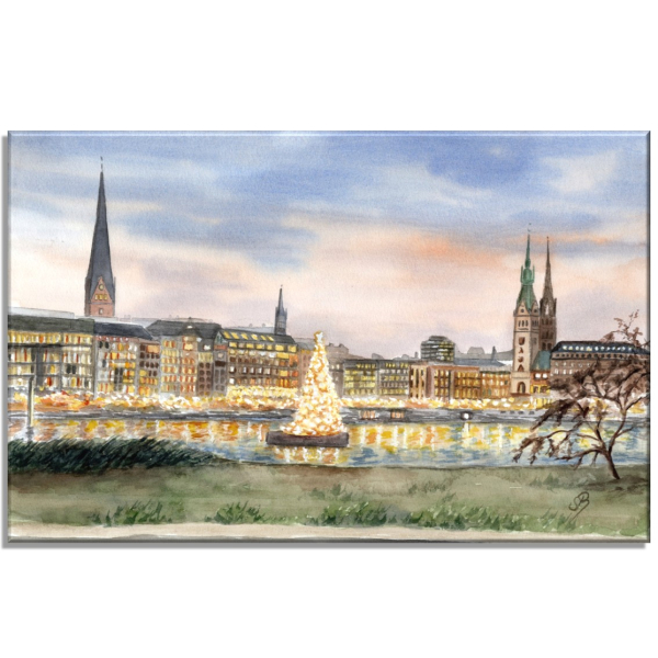 Stretcher frame canvas 30 x 20 cm linen Watercolor Maritime Art Print  Hamburg Main Church St. Michaelis Michel Christmas HH7