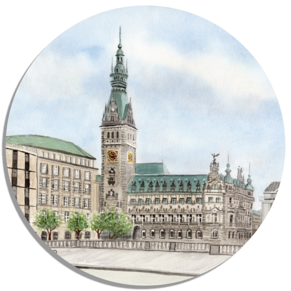 Untersetzer Glasuntersetzer rund 9,5 cm Aquarell Maritim Kunst Druck Kunstdruck Hamburg Rathaus - HH14