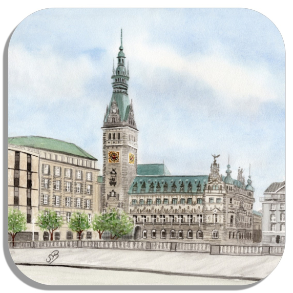 Untersetzer Glasuntersetzer 9,5 x 9,5 cm Aquarell Maritim Kunst Druck Kunstdruck Hamburg Rathaus - HH14