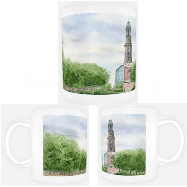 Tasse Becher Kaffeebecher Aquarell Maritim Kunst Druck Kunstdruck Hamburg Hauptkirche St. Michaelis Michel HH4