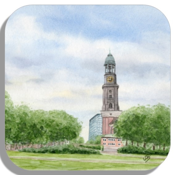 Untersetzer Glasuntersetzer 9,5 x 9,5 cm Aquarell Maritim Kunst Druck Kunstdruck Hamburg Hauptkirche St. Michaelis Michel HH4