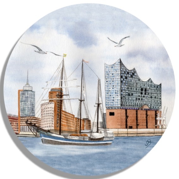 Untersetzer Glasuntersetzer rund 9,5 cm Aquarell Maritim Kunst Druck Kunstdruck Nordsee Hamburg Segelschiff Elbphilharmonie - HH5