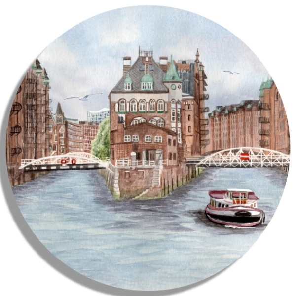 Untersetzer Glasuntersetzer rund 9,5 cm Aquarell Maritim Kunst Druck Kunstdruck Hamburg-Speicherstadt - HH9