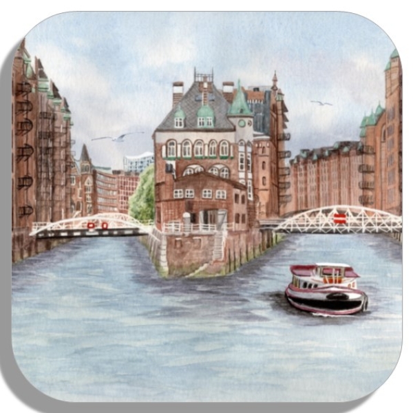 Untersetzer Glasuntersetzer 9,5 x 9,5 cm Aquarell Maritim Kunst Druck Kunstdruck Hamburg-Speicherstadt - HH9