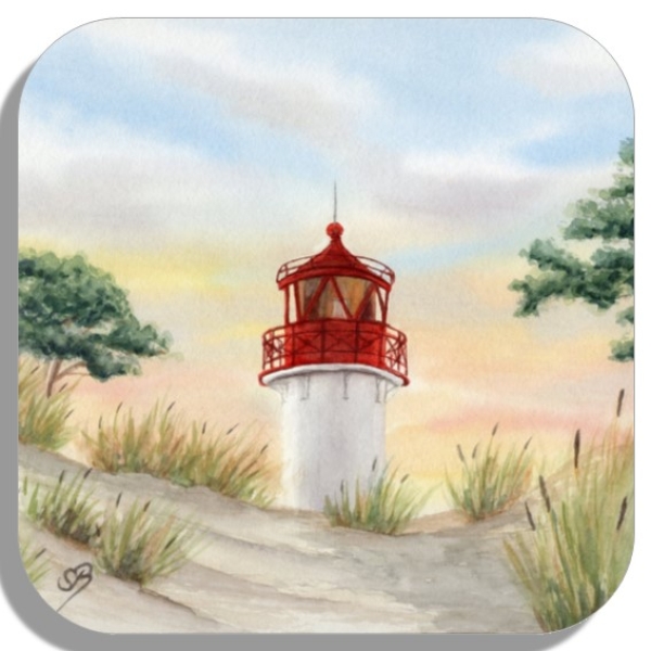Untersetzer Glasuntersetzer 9,5 x 9,5 cm  Aquarell Maritim Kunst Druck Kunstdruck Ostsee Kleiner Leuchtturm Hiddensee Rügen Strand Dünen